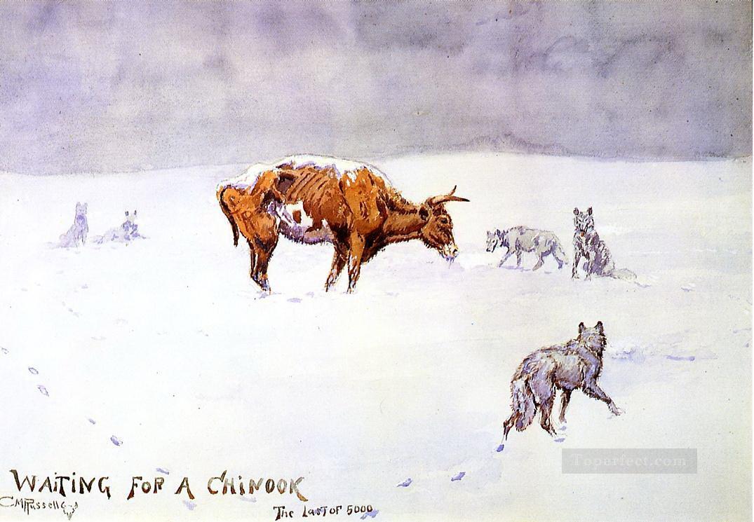 チヌークを待ちながら 1903 年 チャールズ マリオン ラッセルの狩猟油絵